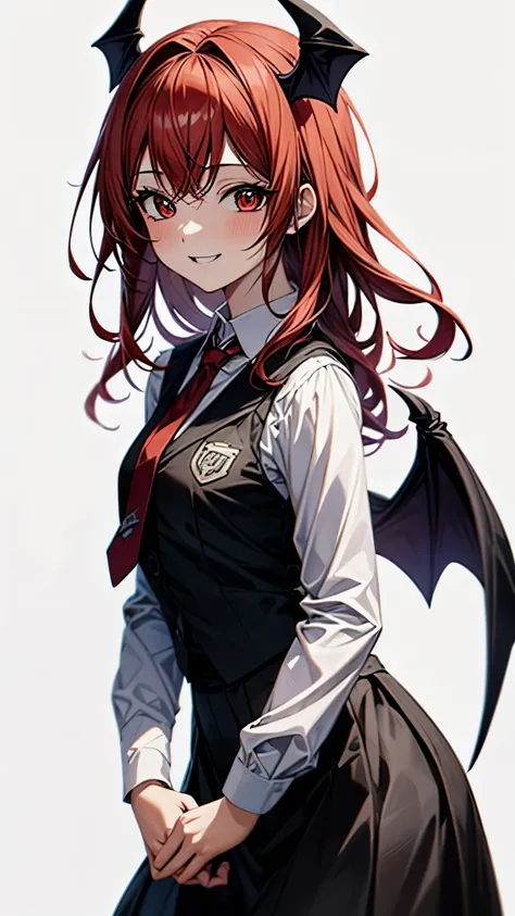 （super high quality,Ultra High Definition,16k,super masterpiece,Ultra HD , detailed shading and background,）one girl, long red hair with ocean print,bat feathers on the head,Devil's feathers on the back ,Black vest, white long sleeve shirt,red tie,black sk...