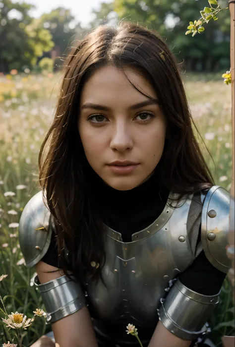 a knight fully armored, sitting on a flower meadow, photorealistic, 4k, high quality, realistic, intricate details, detailed facial features, brooding expression, metal armor shining in sunlight, lush green grass, colorful wildflowers, warm golden afternoo...