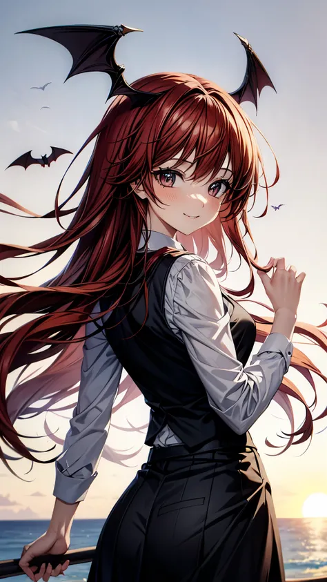 (super high quality,Ultra High Definition,16k,super masterpiece,Ultra HD , detailed shading and background,)one girl, long red hair with ocean print,bat feathers on the head,Devil's feathers on the back , white long sleeve shirt,red tie,smile,blush,The lib...