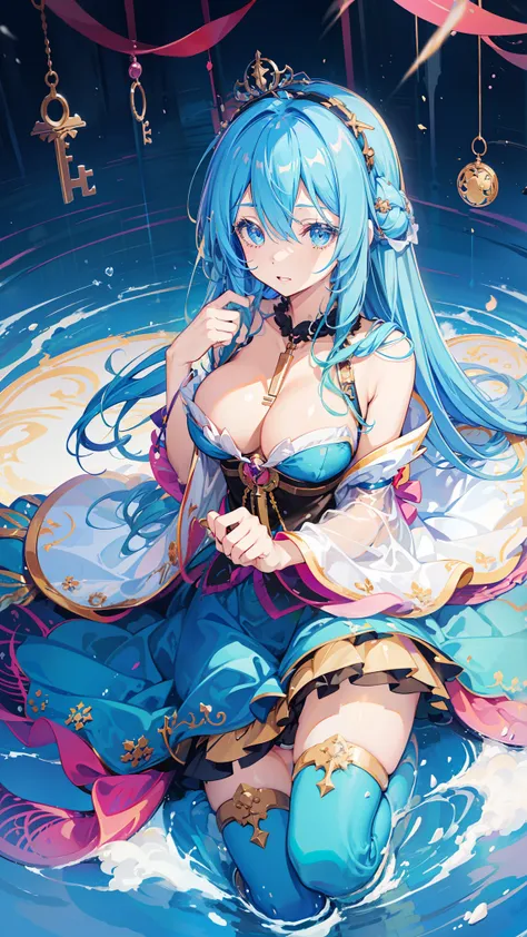 anime girl with blue hair and a crown on her head, an anime drawing by Kamagurka, pixiv, fantasy art, nightcore, anime moe artstyle, shadowverse style, high detailed official artwork, official artwork, anime goddess, splash art anime loli, hololive, beauti...