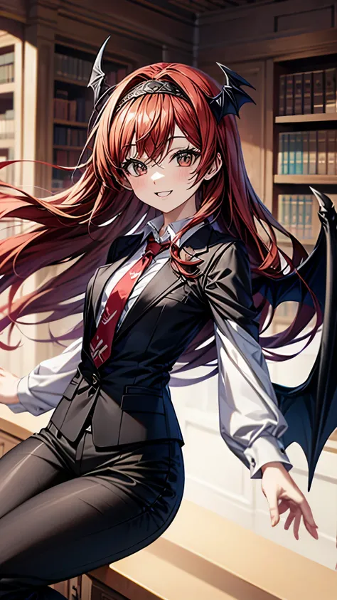 （super high quality,Ultra High Definition,16k,super masterpiece,Ultra HD , detailed shading and background,）one girl, long red hair with ocean print,bat feathers on the head, devil's wings on the back, white long sleeve shirt,red tie,smile,blush,The librar...