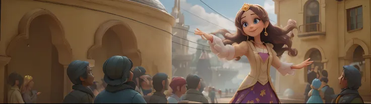 disney pixar 3d hd style, same body positions, princess tossing gold coins to a crowd, she is smiling to the crowd and everyone is enjoying, the background and people outfit is based in Arabia