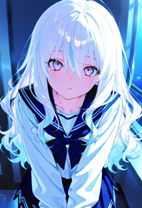 748cmstyle, masterpiece, best quality, amazing quality, an ime screencap, 1girl {{multicolored hair}} white hair light bl ue eyes {{wavy hair}} {{twin-taily} sailor suit gloomclosed mouthhair between eyes, Kawaii, cute, pretty, anime, past el, neon, clear ...