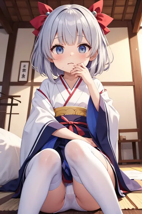 Older sister　 Silver Hair　Shrine maiden　shrine　 style　 disgusting expression　above your mouth　white stockings