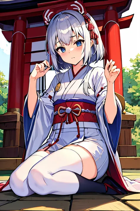 Older sister　 Silver Hair　Shrine maiden　shrine　 style　 disgusting expression　above your mouth　white stockings