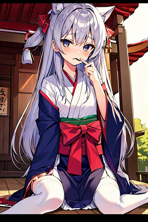 Older sister　 Silver Hair　Shrine maiden　shrine　 style　 disgusting expression　above your mouth　white stockings