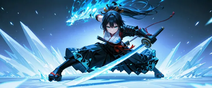 best quality, high detailed, (big weapon), Samurai Girl, mechanical right arm, attack stance, katana, frozen arm, cold blue flame, Slash effect, serious, hakama, beautiful eyes, super fine eyes