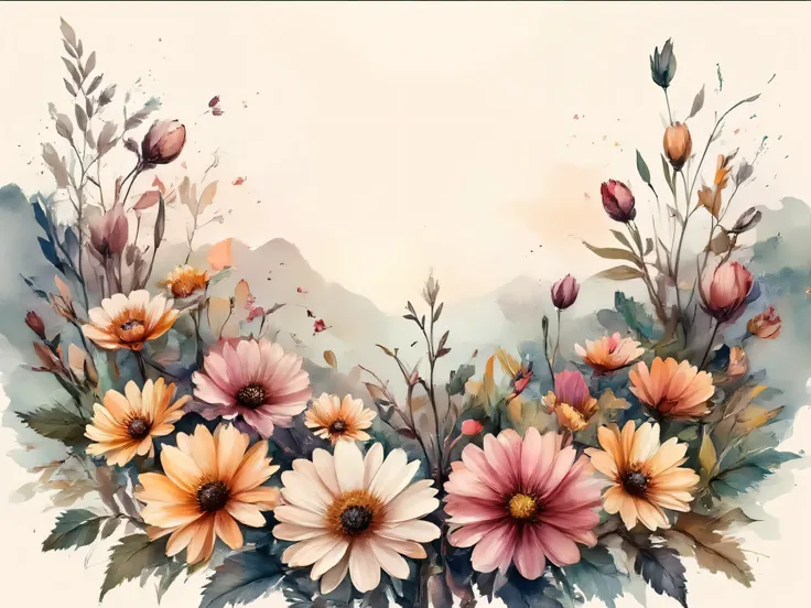 earthless background、watercolor, flower, leaf, high contrast, mute, vintage 、 open middle margin、 logo、企業用 logo、posters、High resolution template, TOP QUALITY, detail, pink