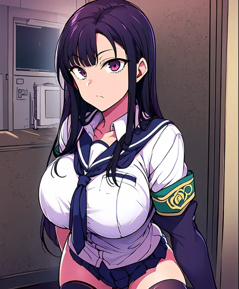 A masterpiece, the best quality , high_ resolution , Fine details, highly detailed and beautiful, distinct_{{image, 1 girl, Black has , ( gigantic breast), (Intermediate ),(school uniform),(up to the thigh)