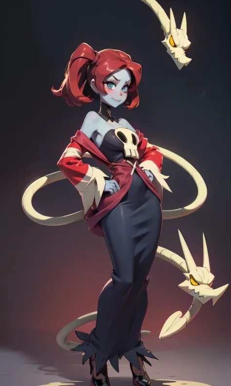 masterpiece,  great detail,  a beautiful girl , squigly, skullgirls, red hair, blue eyes, A snake in the head, Bangs, blush, Sewing on the mouth,  smile, full body, thin and tall, skinny, medium breasts, green skin,  long dress, black dress, long skirt,  b...