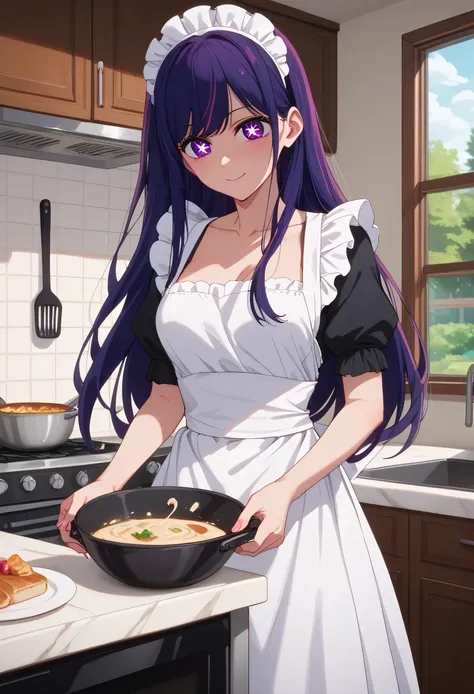 a anine image of ai hoshino in a maid outfit posing in a kitchen, in the kitchen, breasts covered and nsfw, cooking it up, cooking, gorgeous maid, extremely detailed artgerm, long hair, bangs, purple eyes, purple hair, symbol-shaped pupils, (nsfw) not safe...
