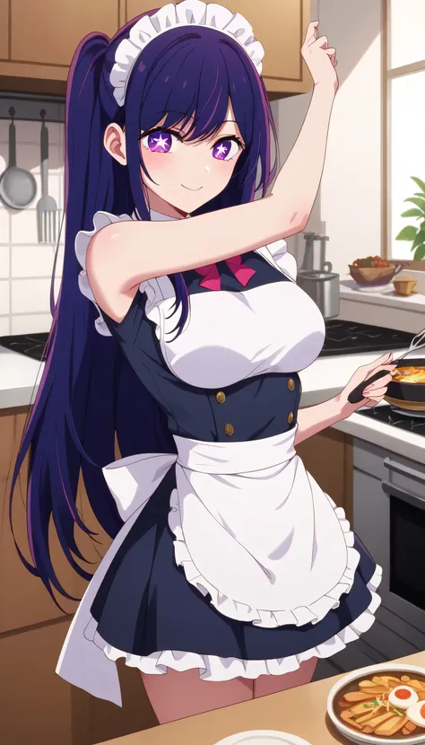 a anine image of ai hoshino in a maid outfit posing in a kitchen, in the kitchen, breasts covered and nsfw, cooking it up, cooking, gorgeous maid, extremely detailed artgerm, long hair, bangs, purple eyes, purple hair, symbol-shaped pupils, (nsfw) not safe...