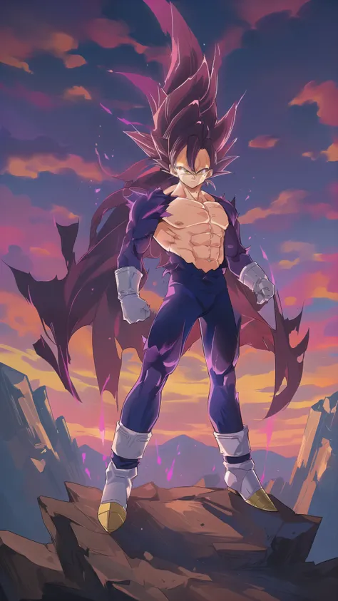 Vegeta A powerful Saiyan warrior with spiky purple hair, standing on a rocky mountain with a dark cloudy sky behind him. His eyes were glowing red, and he wore a tight dark purple battle suit with white and yellow accents. The character is drawn in the sty...