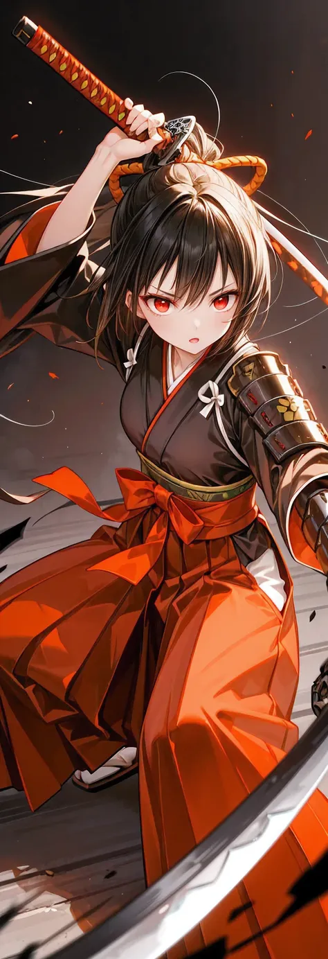 best quality, high detailed, (big weapon), Samurai Girl, mechanical right arm, attack stance, katana, black arm, Ominous Dark Particles, black burning blade, Slash effect, serious, hakama, beautiful eyes, super fine eyes