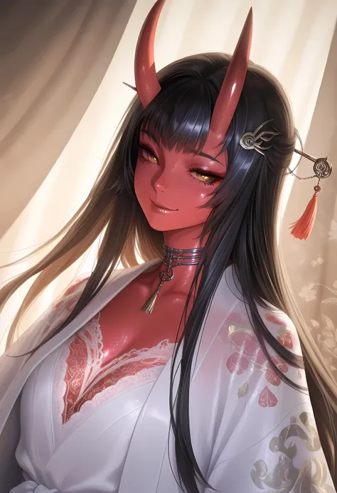 celestireal2,masterpiece, best quality, good quality, newest, highres, absurdres, volumetric lighting, gradient color, BREAK raytracing, volumetric lighting, ambient occlusion,BREAK Aka-Oni, oni, colored skin, (red skin:1.3), straight horns, solo, long hai...