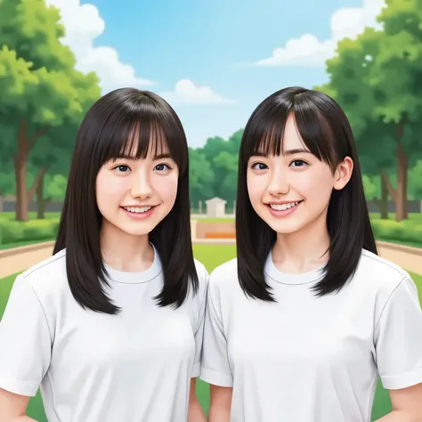 Two girls in white shirts、 elementary school students playing in the park、 Hot Summer Day、 upper body