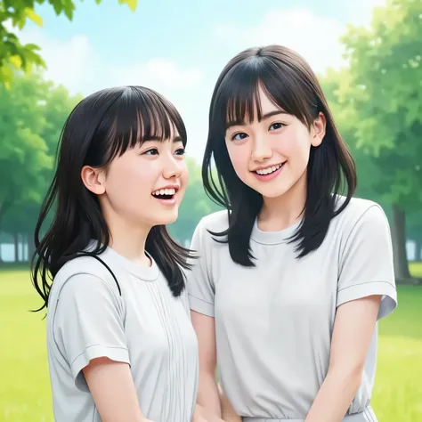 Two girls in white shirts、 elementary school students playing in the park、 Hot Summer Day、 upper body