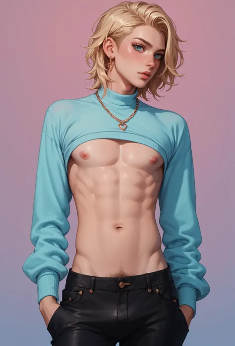 score_9, score_8_up, score_7_up, score_6_up, score_5_up, score_4_up, source_anime, 24 years old gay twink boy wearing tight opened top, long blonde hair, neon background, visible nipples, visible navel, bulged trunk, visible pubic hair, extremely detailed,...