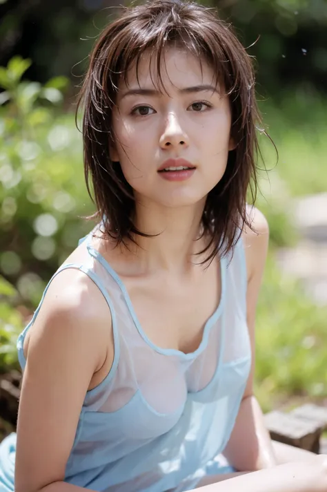 1girl,3d,bare shoulders,blurry,blurry background,breasts,brown eyes,brown hair,collarbone,cosplay photo,depth of field,lips,looking at viewer,nose,open mouth,outdoors,parted lips,photo \(medium\),photorealistic,realistic,see-through,shirt,short hair,sittin...