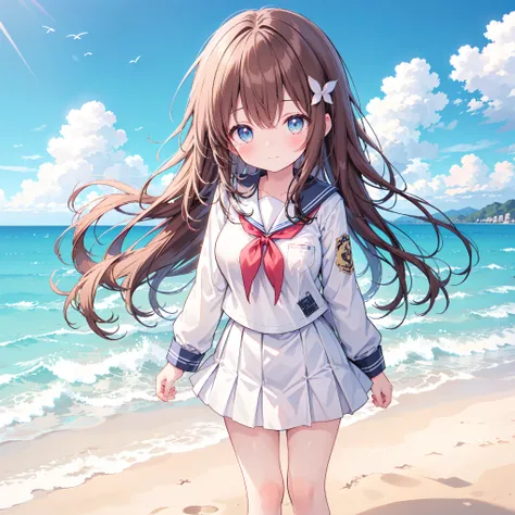 ((( super detailed, very detailed CG, Masterpiece, high quality, 4K, Hi-Res, sharp concentration, Take a commemorative photo on a sandy beach with the calm and beautiful sea in the background, anime style illustration ,Brown hair))),(Alone:2), cute, Sm...