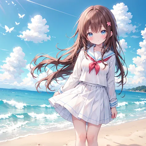 ((( super detailed, very detailed CG, Masterpiece, high quality, 4K, Hi-Res, sharp concentration, Take a commemorative photo on a sandy beach with the calm and beautiful sea in the background, anime style illustration ,Brown hair))),(Alone:2), cute, Sm...