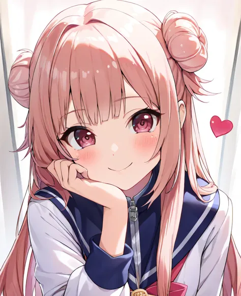 maSterpiece,  TOP QUALITY,solo,  A girl alone, Young face,(), clear 、 S、 small、 Small titS、((( white hair ribbon:0.4))), pink eyes,(((white bun hair))),(((long pink hair))),(((Longer hair))),(bangs) ,uniform, sailor suit,Smile,  idol、 lotS of heartS、 have ...