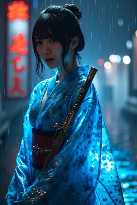 (((Dark Nostromo-style motorway in the night rain:2.0))),((( HR Gigger style cyberpunk Atmosphere :2.0))),(((Hold a cyberpunk-style Japanese sword:2.0))),Fighting,((full body:2.0)), one woman,( cute face),(Beautiful well-balanced face ),(( natural big brea...