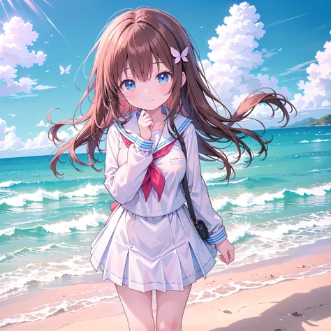 ((( super detailed, very detailed CG, Masterpiece, high quality, 4K, high resolution, sharp concentration, Take a commemorative photo on a sandy beach with the calm and beautiful sea in the background, anime style illustration,Brown hair))),(Alone:2), ...