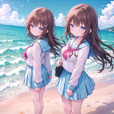 ((( super detailed, very detailed CG, Masterpiece, high quality, 4K, high resolution, sharp concentration, Take a commemorative photo on a sandy beach with the calm and beautiful sea in the background, anime style illustration,Brown hair))),(Alone:2), ...