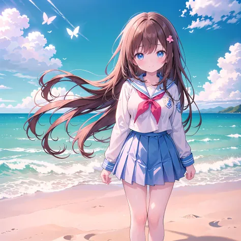 ((( super detailed,  very detailed CG,  Masterpiece,  high quality, 4K,  high resolution, sharp concentration, Take a commemorative photo on a sandy beach with the calm and beautiful sea in the background, anime style illustration,Brown hair))),(Alone:2), ...
