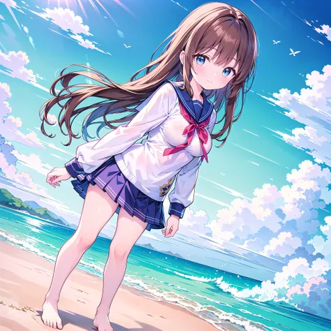 ((( super detailed, very detailed CG, Masterpiece, high quality, 4K, high resolution, sharp concentration, Take a commemorative photo on a sandy beach with the calm and beautiful sea in the background, anime style illustration,Brown hair))),(Alone:2), ...