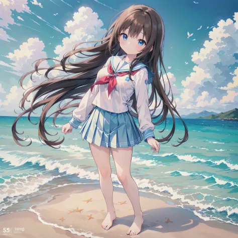 ((( super detailed, very detailed CG, Masterpiece, high quality, 4K, high resolution, sharp concentration, Take a commemorative photo on a sandy beach with the calm and beautiful sea in the background, anime style illustration,Brown hair))),(Alone:2), ...
