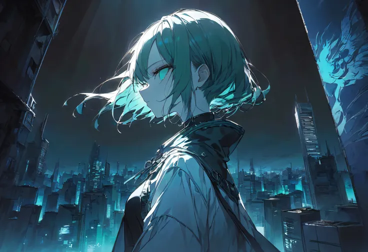 night cityscape seen from behind anime girl on building, neon city, detailed background, moody lighting, green and blue tones, back silhouette, dramatic scene --ar 3:4 --style raw --profile --stylize 200