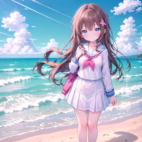 ((( super detailed, very detailed CG, Masterpiece, high quality, 4K, high resolution, sharp concentration, Take a commemorative photo on a sandy beach with the calm and beautiful sea in the background, anime style illustration,Brown hair))),(Alone:2), ...
