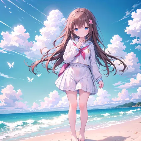 ((( super detailed, very detailed CG, Masterpiece, high quality, 4K, high resolution, sharp concentration, Take a commemorative photo on a sandy beach with the calm and beautiful sea in the background, anime style illustration,Brown hair))),(Alone:2), ...