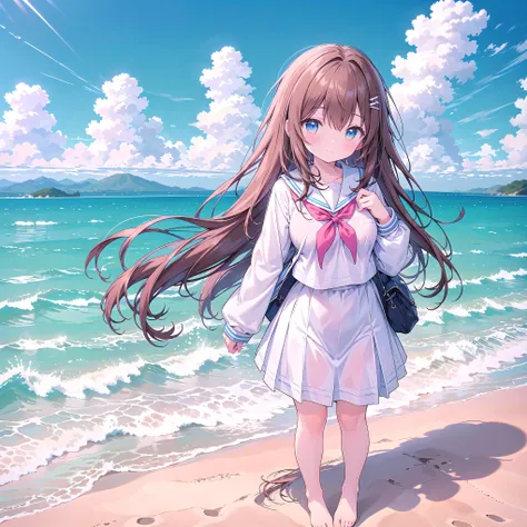 ((( super detailed, very detailed CG, Masterpiece, high quality, 4K, high resolution, sharp concentration, Take a commemorative photo on a sandy beach with the calm and beautiful sea in the background, anime style illustration,Brown hair))),(Alone:2), ...