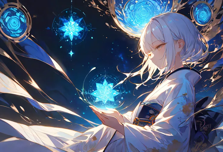 Anime girl in a state of magical meditation, surrounded by glowing intricate magic circles, detailed inscriptions, kimono with starry night pattern, bioluminescent accents, soft lighting, dark background, digital illustration --ar 3:4 --style raw --profile...