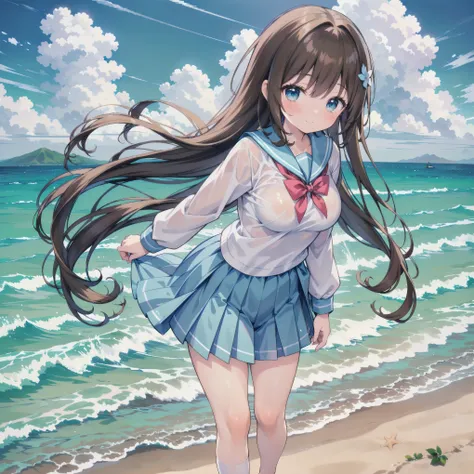 ((( super detailed, very detailed CG, Masterpiece, high quality, 4K, high resolution,sharp concentration, Take a commemorative photo on a sandy beach with the calm and beautiful sea in the background, anime style illustration,Brown hair))),(Alone:2), cut...