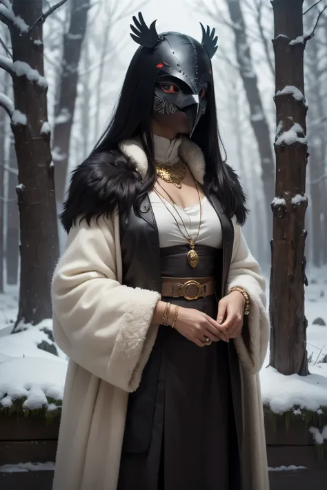 The young woman (brown skin, black hair) wears a creepy crow-mask made of white bone (hidding her upper face), she is an east-european shaman, she wears a middle-age vest and a pelt coat, and pelt outfit, she wears indiginous east-european jewellery and a ...