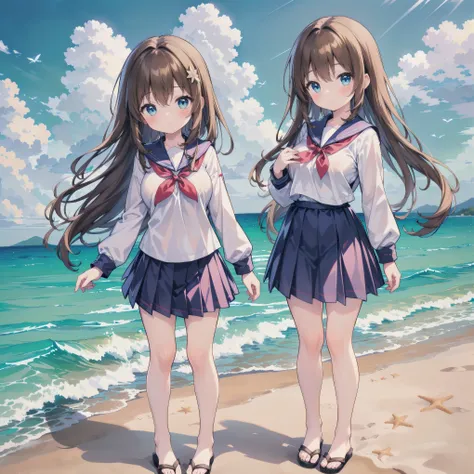 ((( super detailed, very detailed CG, Masterpiece, high quality, 4K, high resolution,sharp concentration, Take a commemorative photo on a sandy beach with the calm and beautiful sea in the background, anime style illustration,Brown hair))),(Alone:2), cut...