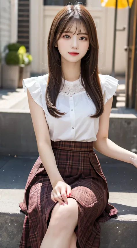 cute girl、 cute face、straight hair、top quality made of straw、8K images、 Trend Fashion、 frill、 midi skirt、Date