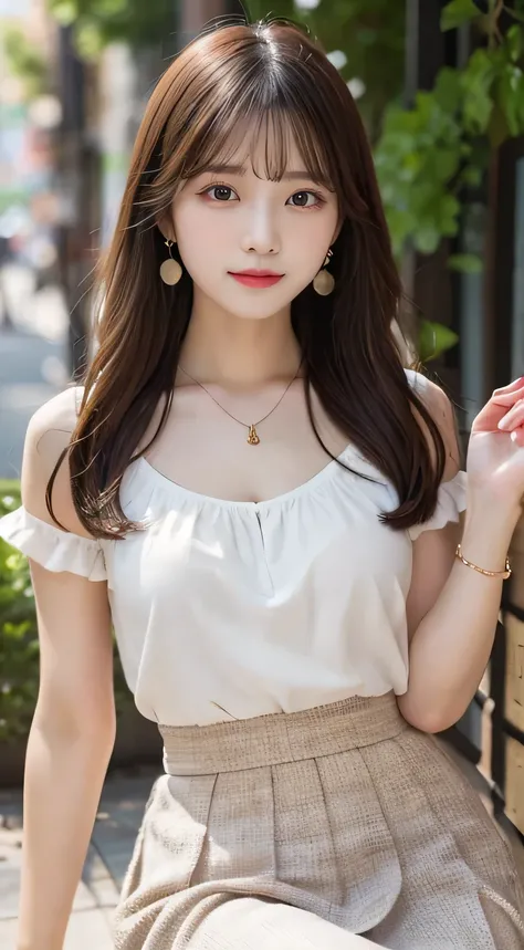 cute girl、 cute face、straight hair、top quality made of straw、8K images、 Trend Fashion、 frill、 midi skirt、Date、natural makeup、Actual skin、Earrings、necklaces