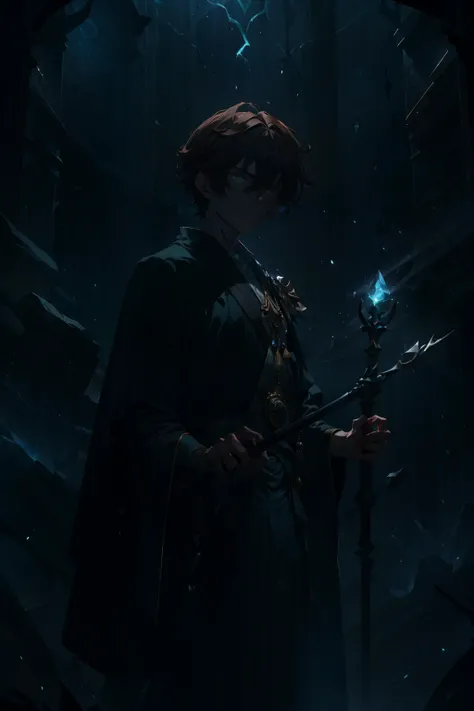 CREATE A HIGH-QUALITY IMAGE (4K, HD) Of a single young wizard,  male , , with brown hair and intense green eyes. The young man has approximately 1,70 m tall and a slender and agile body, his gaze expresses restrained anger and determination. The boy wields...