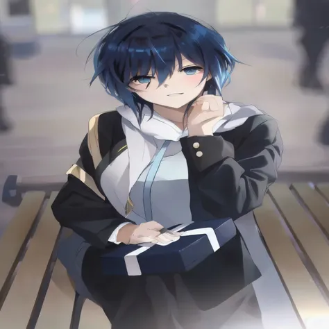 anime girl with blue hair and black jacket sitting on a bench, anime visual of a cute girl, anime moe artstyle, attractive anime girl, young anime girl, beautiful anime high school girl, an anime girl, cute anime girl, kantai collection style, realistic yo...