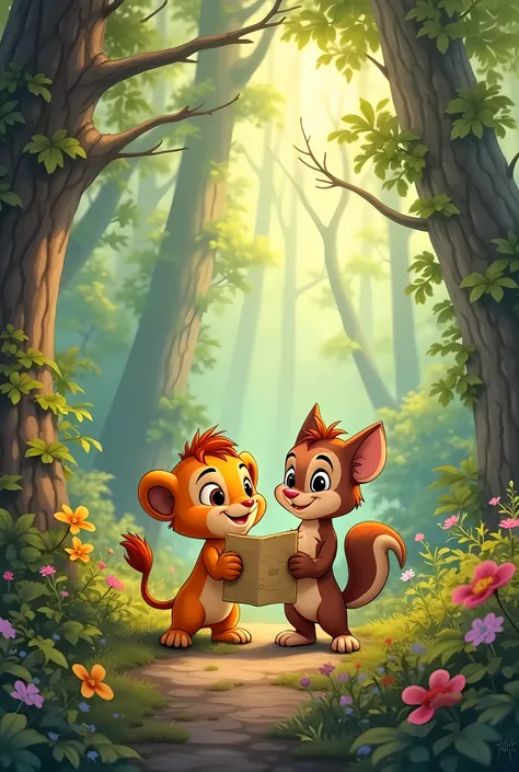 **Exploring the forest**: An illustration of Leo, the Little Lion, and Tico, The squirrel, holding an old map while in a magical forest. They are surrounded by tall trees and colorful flowers, with expressions of excitement and curiosity on their faces.