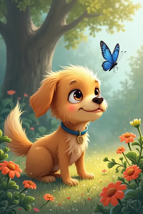 Create images for my schedule from my little book . Tobi , o Cachorrinho Curious
 Tobi  era um cachorrinho pequeno, of golden fur and glowing eyes. He lived with his owner, Luísa, and loved to explore the backyard.

One day, while smelling the flowers,  To...