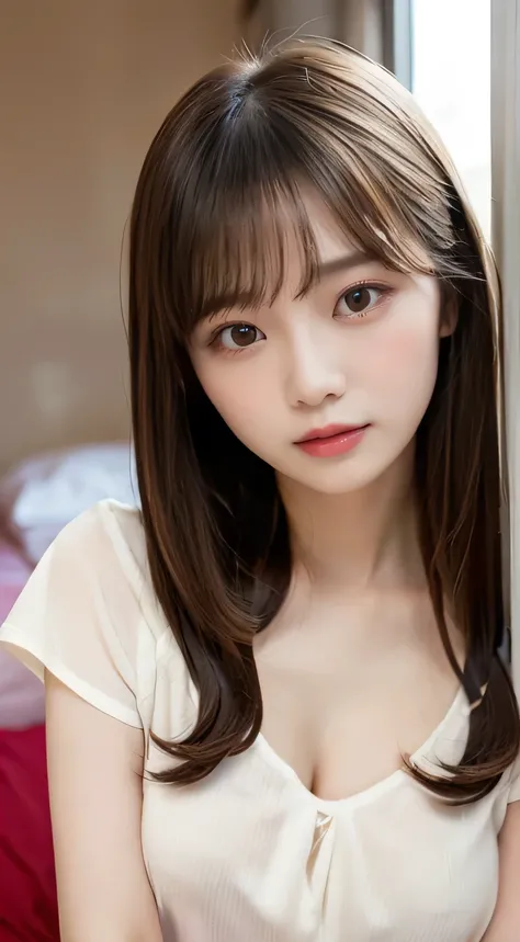 top quality made of straw,  masterpiece 、 actual photo   、 Cute looks、slender、  perfect cute face   、   Perfect and beautiful eyes   、    perfect and beautiful double eyelids  、    Fashion Models  、 Cute looks、V-neck t-shirt with visible bangs over eyebrow...