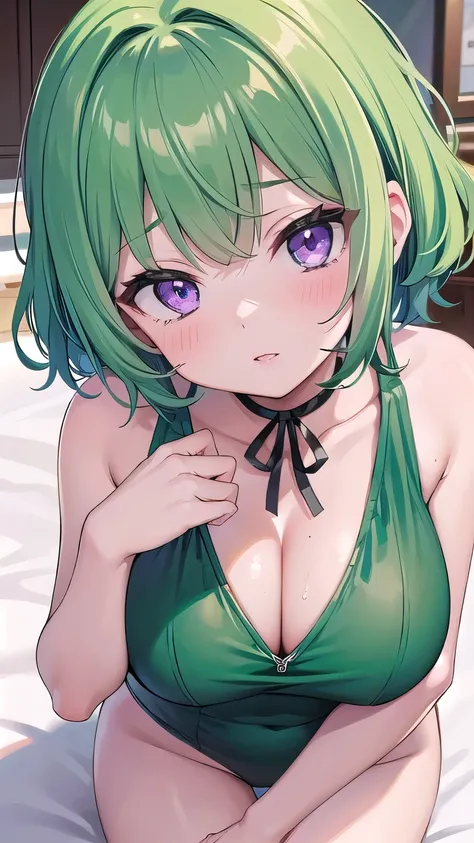     1 girl、,   green alone   , green hair、  green alone 、  short hair,   curly hair、   purple eyes ,    1 girl 、on the bed、bet room、 Bitch、  Sensual Poses 、big breasted、   very big boobs  、 ,  pink lips、、   vest shadow   ,   Best lighting 、    Bitch、  rais...