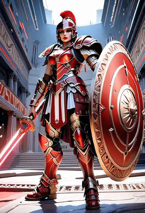  ( bestquality,4K,8k, highres,masterpiece:1.5),ultra-detailed,(realistic,photorealistic,photo-realistic:1.3),HDR,UHD,depicts future robot armor with motifs of gladiators from the ancient Roman Empire、 Concept Art Style 、１８a beautiful red haired girl with r...