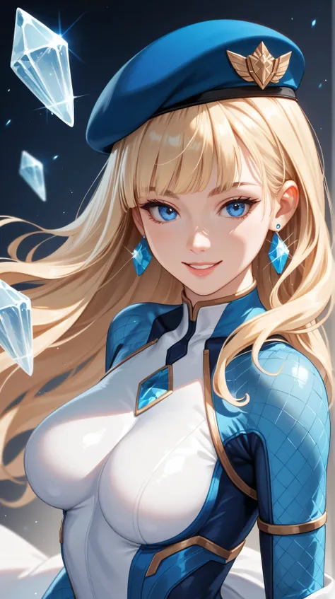 1 girl, long blonde hair, looking at the spectator, big boobs, crystal earrings, Bangs,  smile, blue eyes,  dynamic pose, Bodysuit Blue, beret, the best quality, Very detailed, Textured skin, UHD